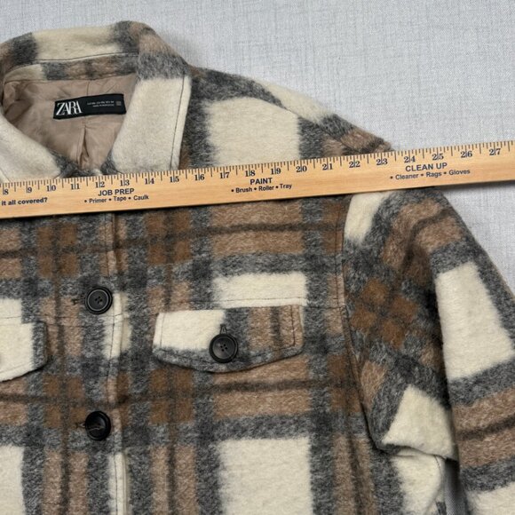 Zara Plaid Wool Blend Overshirt Jacket Brown Cream Button-Down Pockets Size XXL - Picture 7 of 14